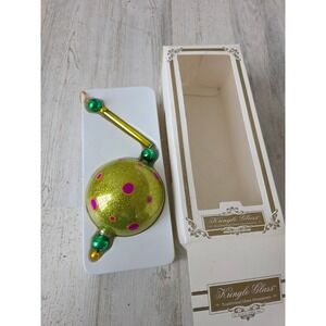 Kurt adler vintage krinkle ball glitter ornament glass Xmas tree ball green pink